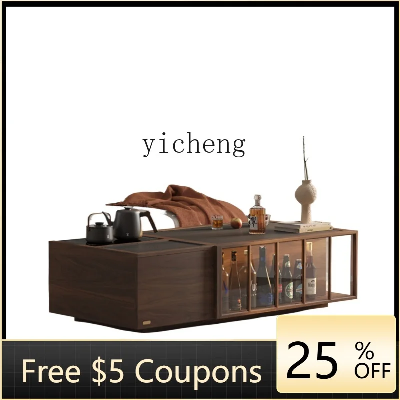 

ZZF Black Walnut Lifting Tea Table New Chinese Household Solid Wood Stone Plate Tea Making Tea Table One