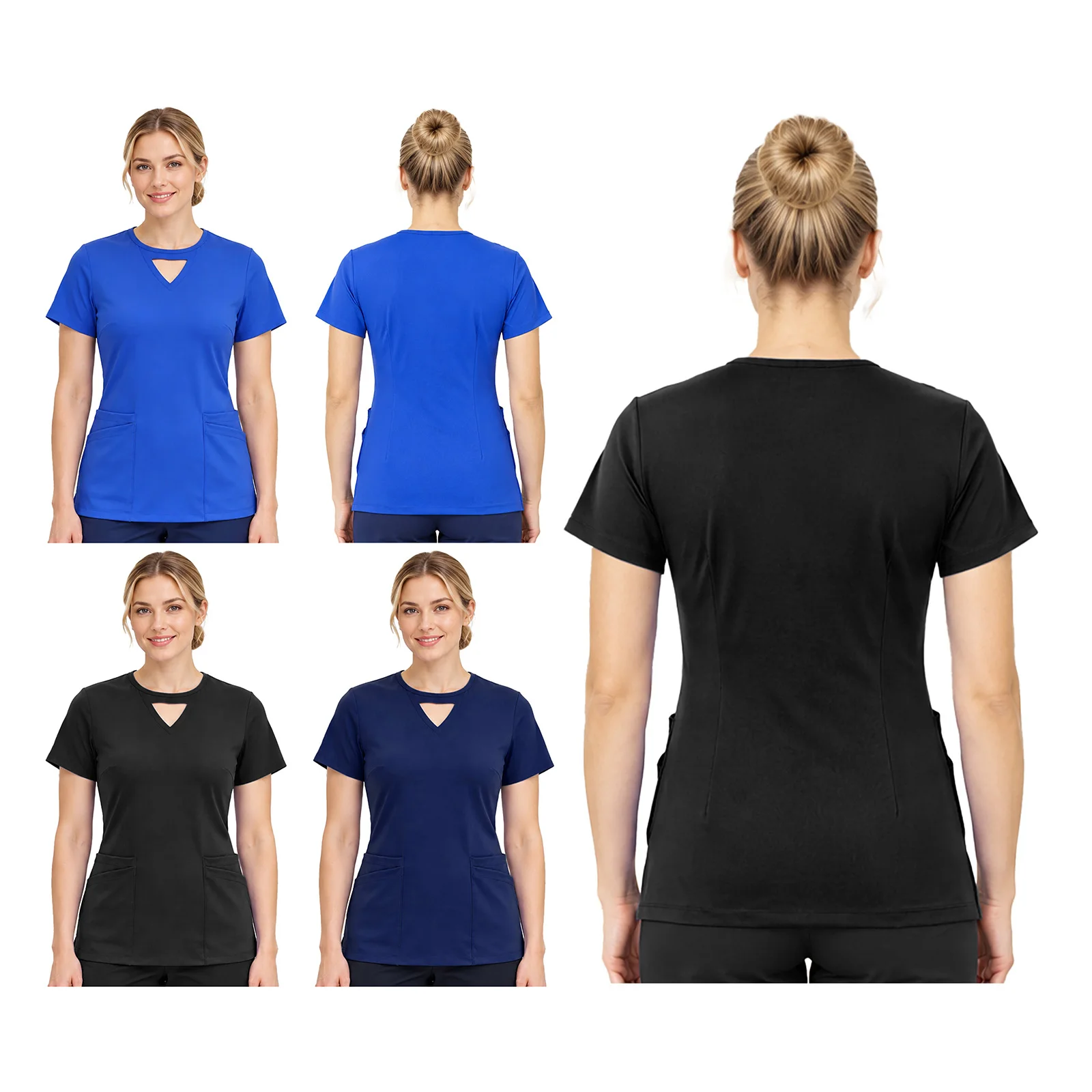 Women Nurse Scrub Top Cutout Collar Short Sleeve Side Slit Nurse T-shirt with Multiple Pockets Medical Nurse Uniforms Work Wear