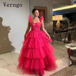 Verngo Rose Pink Tulle Prom Gowns For Women Square Collar Short Sleeves Party Dress Tiered Princess Formal Occasion Dress