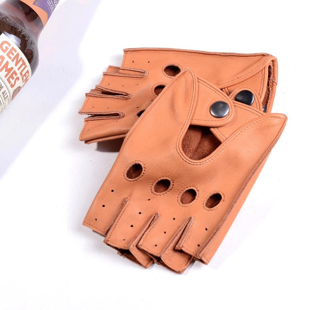 Guantes de piel de ciervo de cuero Real para hombres, botón de muñeca retráctil, sin dedos, medio dedo, mitones de conducción