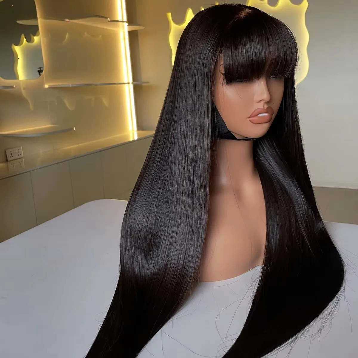 Natural Black Bone Straight Wig with Bangs 13X4 Synthetic Lace Frontal  Fringe Wig Ready to Wear Glueless Wig for Black Woman