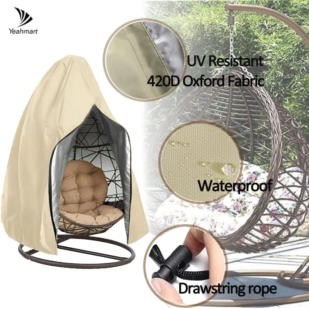 210D Patio Hanging Egg Chair Cover Waterproof Wind-Proof Swing Egg Chair Cover with Zipper Buckle for Outdoor Wicker Single Seat