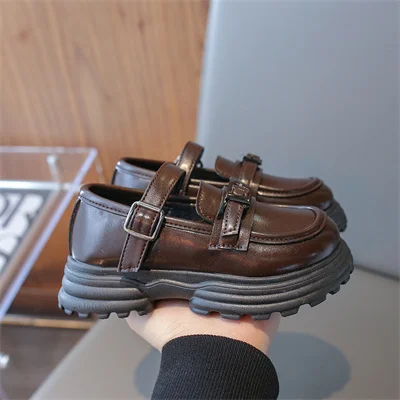 Girls Black/dark Brown Non-slip Round Toe Leather Shoes, Girls 2024 Spring and Autumn PU Casual Leather Shoes, Size 26-36