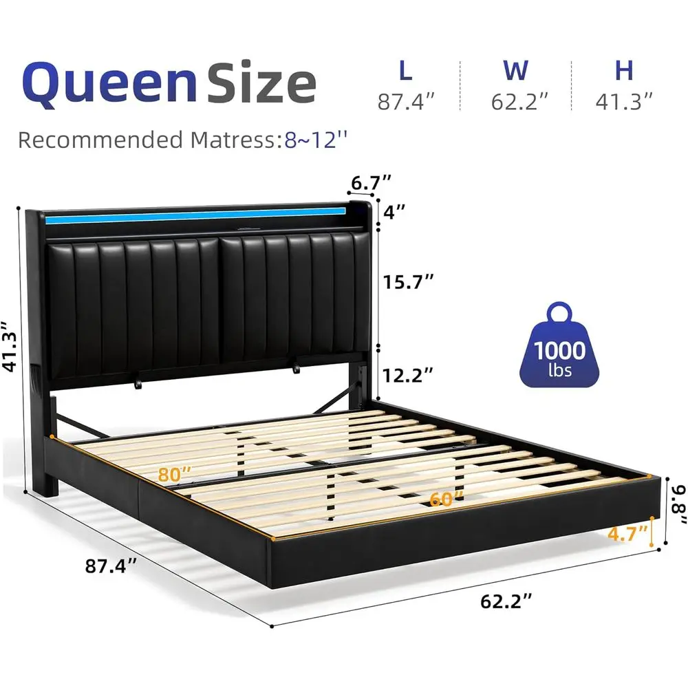Queen Size loating Bed e with Ergonomic Hidden Storage board and LED Lights, Visual loating LED Bed e with Charing Station, Leat