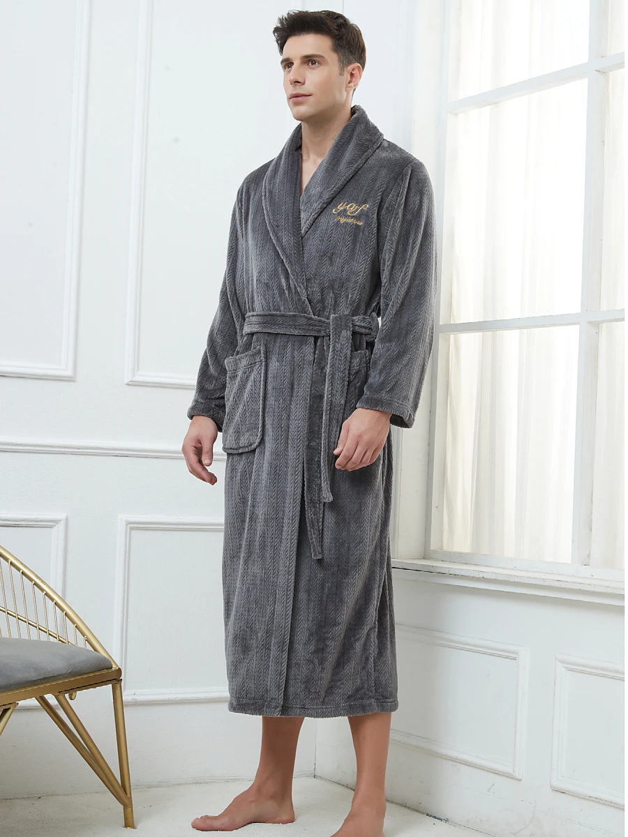 Thickened Sleepwear Kimono Bathrobe Men Flannel Winter Warm Coral Fleece Shower Robe Loose Home Wear Nighwtear Plus Size 3Xl 4Xl