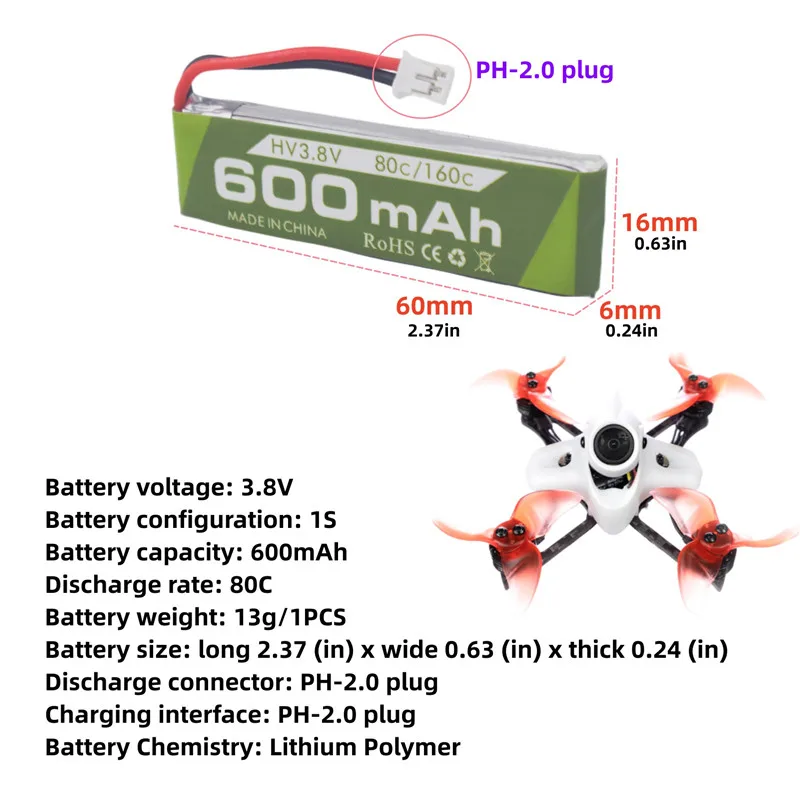 2PCS 1S 3.8V 80C 600mAh Lithium Battery With JST PH-2.0 Plug Connector+USB For Cineahoop Tinyhawk Mini FPV Racing Car And Drone