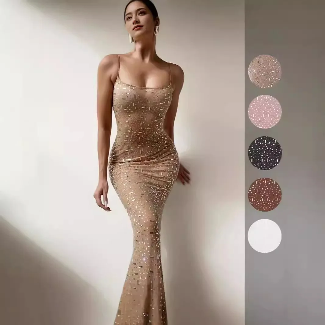 

Sexy camisole dress, elegant banquet-style evening gown with rhinestones and sequins, mermaid long dress for women