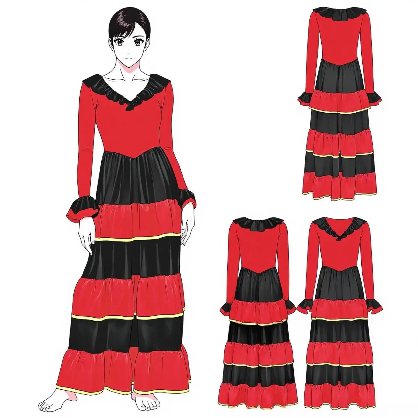 Womens Flamenco Spanish Dance Dress Stage Performance Tiered Ruffled Contrast Color Big Swing Long Sleeve Maxi Ballroom Party
