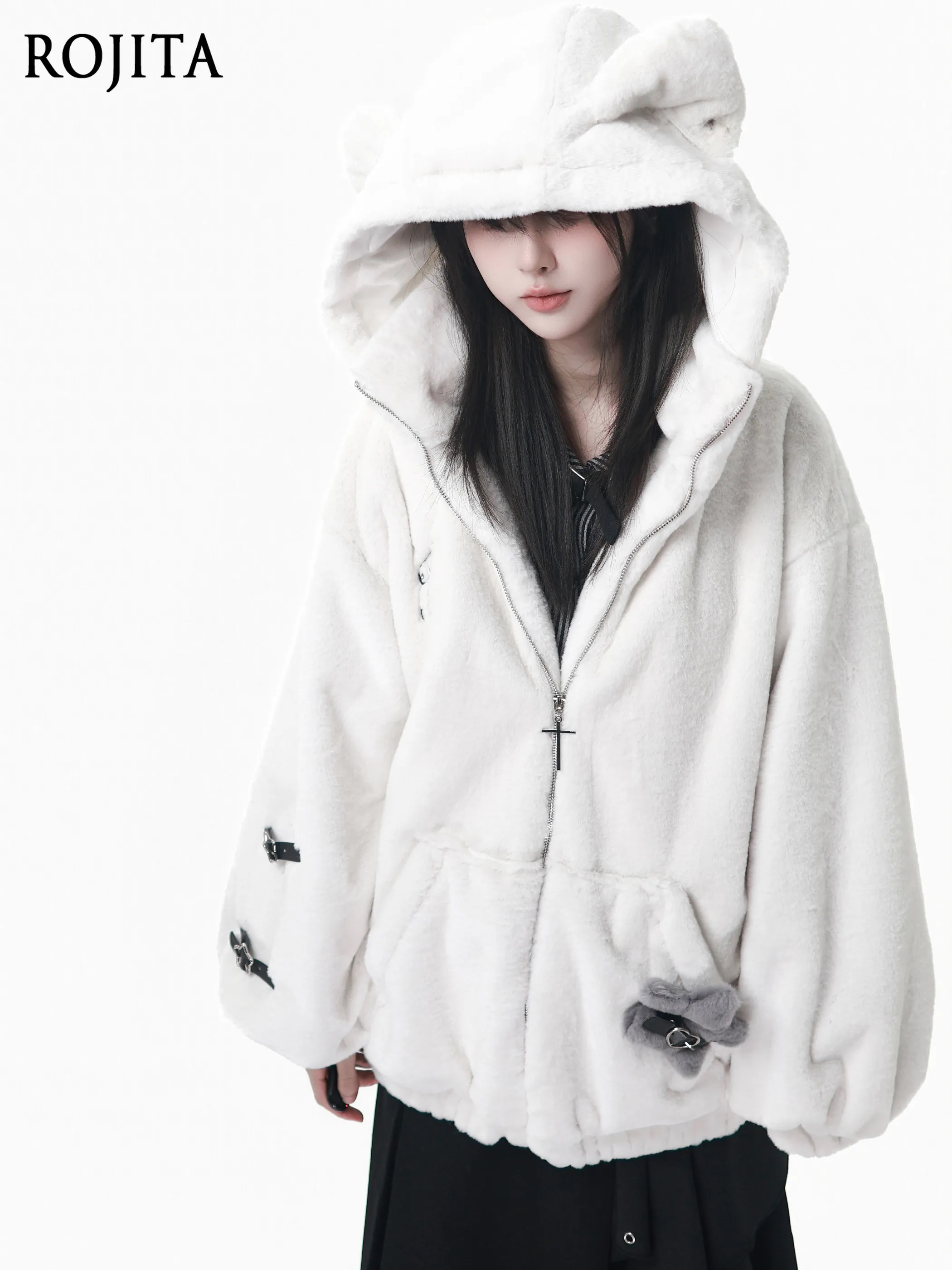 

White Thickened Eco-Friendly Fur-Lined Winter Warm Hooded Bear Ear Star Jacket Faux Fur Coat Winter Jacket for Women
