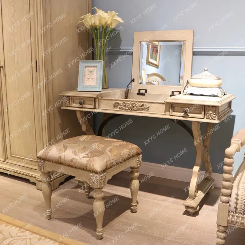 Light luxury bedroom small apartment dressing table can be hidden clamshell mirror makeup table