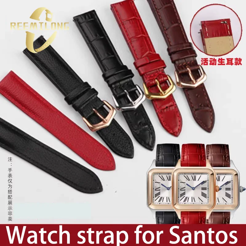 The first layer of cowhide watch strap For Santos de Cartier 15 17 18 20mm lychee alligator grain black red men women watchband