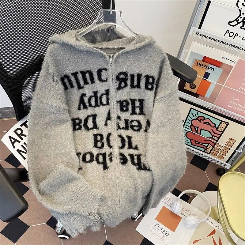 

Американский ленивый ретро High Street свободный пара на молнии Plu вязаный кардиган с капюшоном для мужчин и женщин свитер повседневный осенний полиэстер