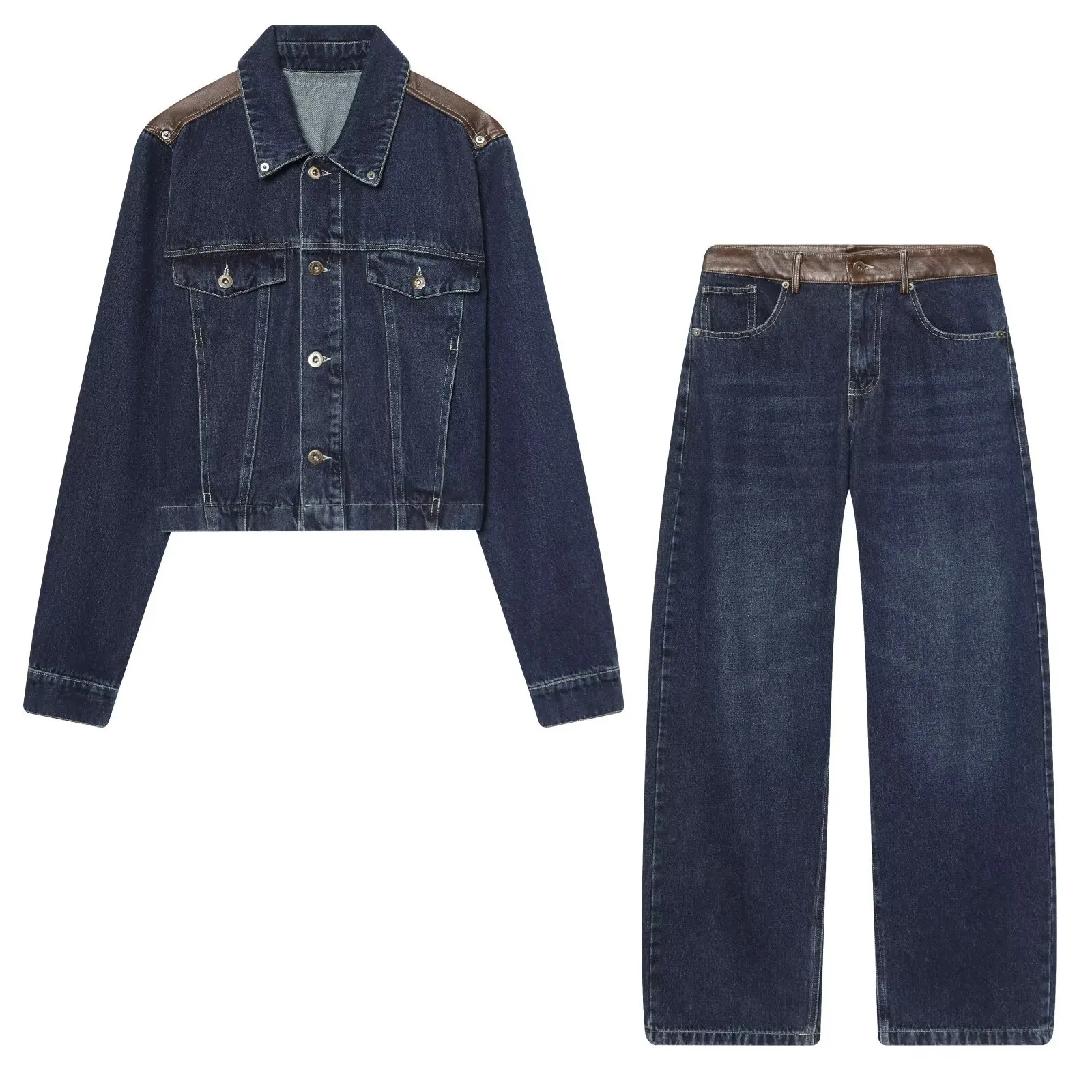 

2026 Spring New Arrival Women's Denim Leather Effect Jacket with Leather Trim High-Waisted Straight Leg Wide-Leg Jeans