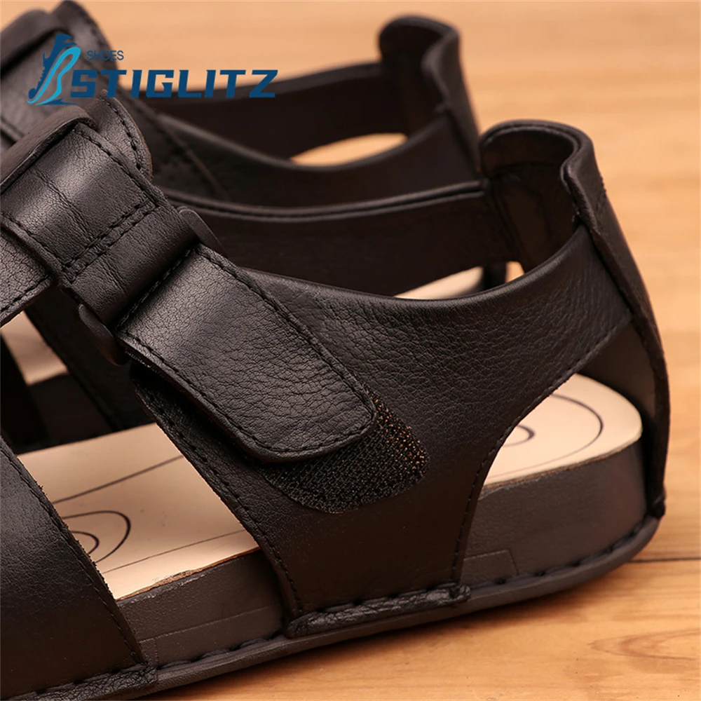 Braided Wide Belt Pig Cage Flats Black Genuine Leather Hollow Simple Casual Shoes Holiday Beach Non-Slip Sandals Roman Sandals