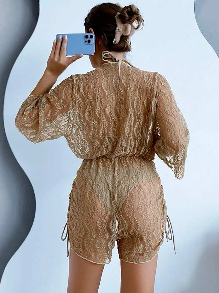 طقم بيكيني شبكي بأكمام قصيرة مكون من 3 قطع مع رباط وخصر عالٍ مطبوع بدلة سباحة قصيرة لتغطية الصيف على الشاطئ #2