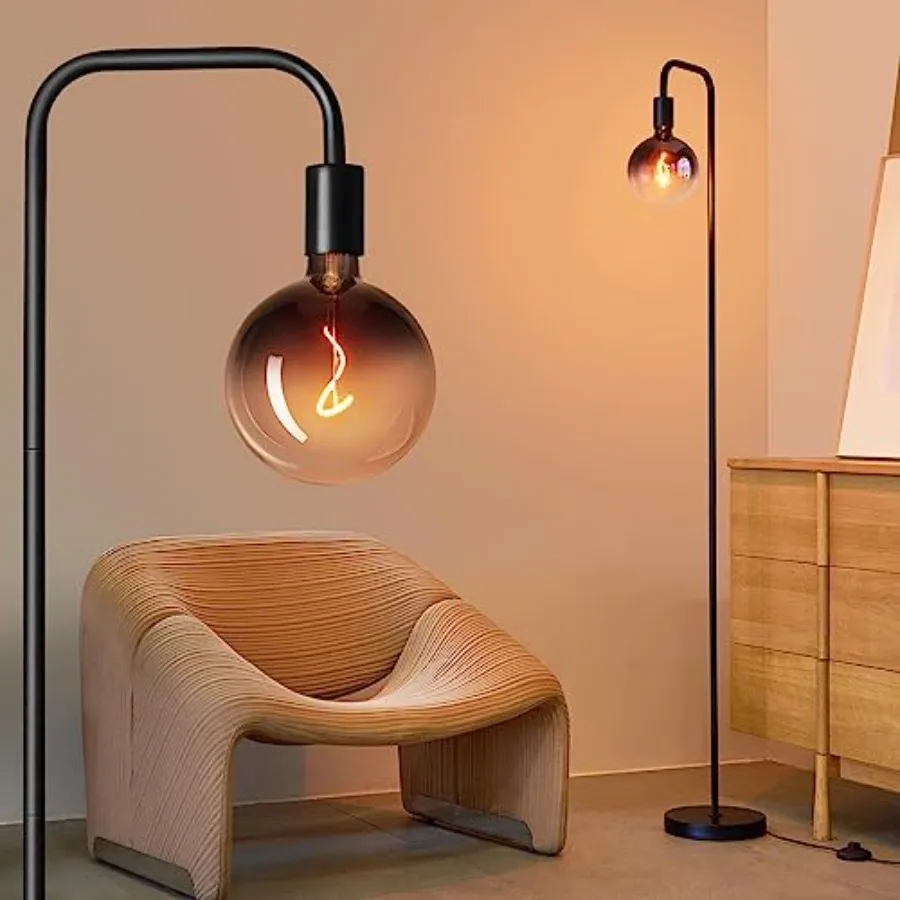 

Floor Lamp for Living Room - Minimalist Industrial Standing Lamp with Modern LED Bulb, Globe Black Clear Glass 6", 1800K Warm A