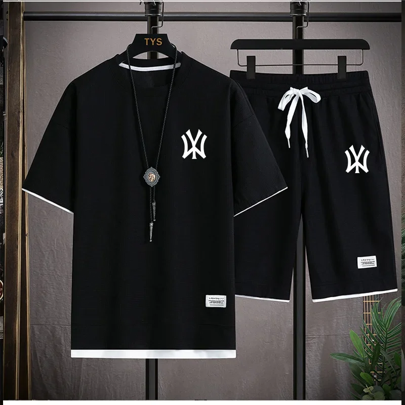 

2025 Fashion Men's short-sleeved shirt + two-piece jogging shorts and summer fitness quick-drying casual sportswear set