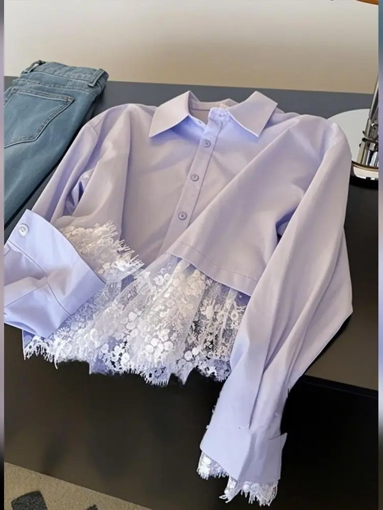 สีม่วงLapel Lace Splicedเสื้อแขนยาวและเสื้อเชิ้ตผู้หญิงฤดูใบไม้ผลิใหม่Dopamine Design Top