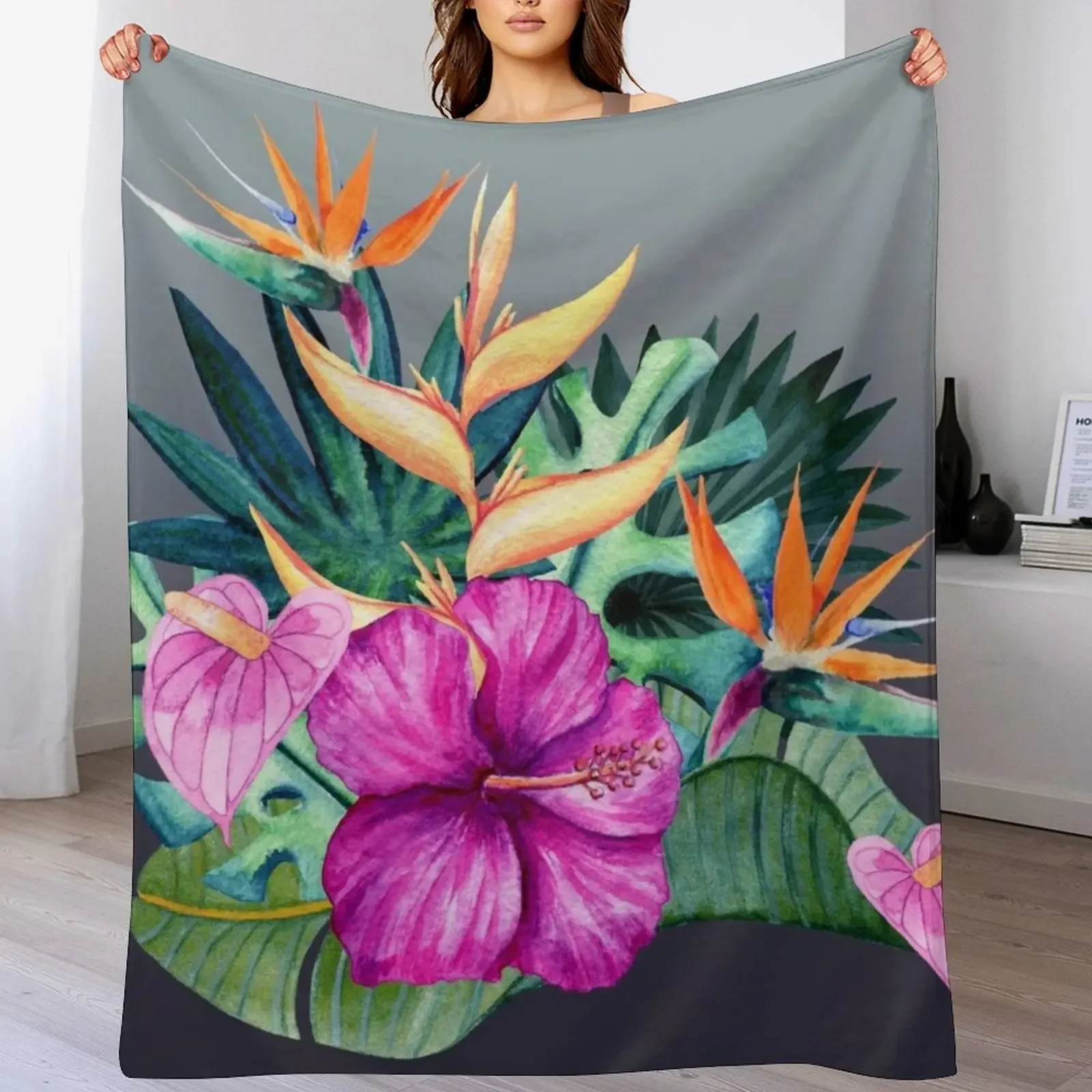 

Hawaiian Bird of Paradise and Hibiscus Throw Blanket Soft Plaid Sofa Throw anime cosplay anime Blankets