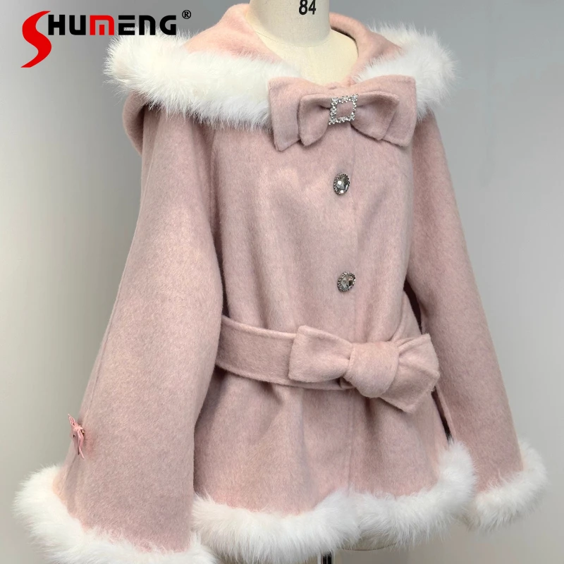 

2026 Winter New Clear Series Japanese Style Cape Coat Christmas Red Single-Breasted Bow Tie Long-sleeves Cloak Jacket For Ladies