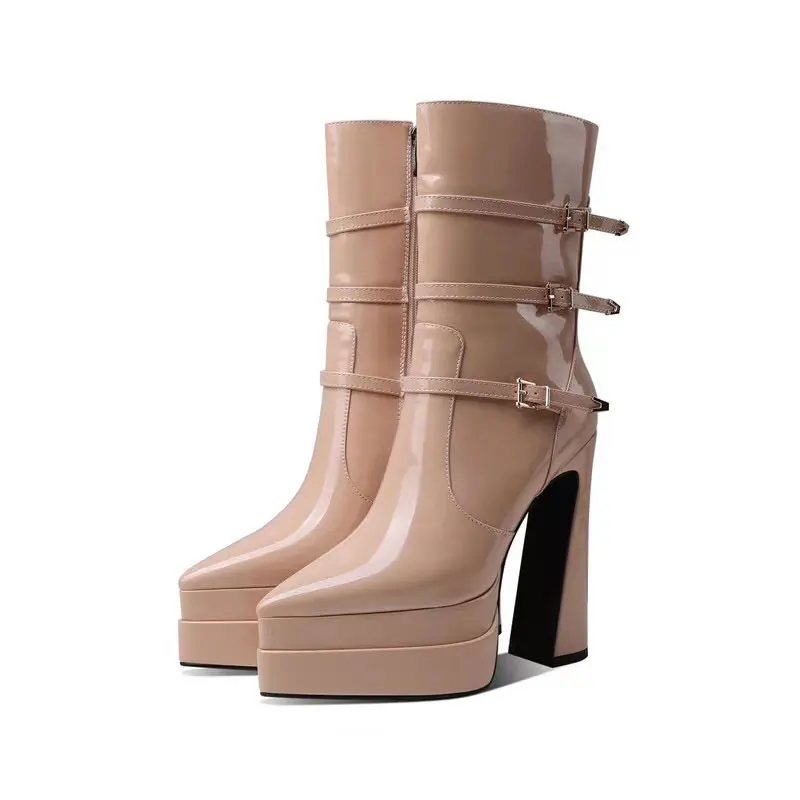 Damen Herbst Lack leder spitze doppels chichtige wasserdichte Plattform super hohe dicke Ferse Lack leder Reiß verschluss kurze Stiefel