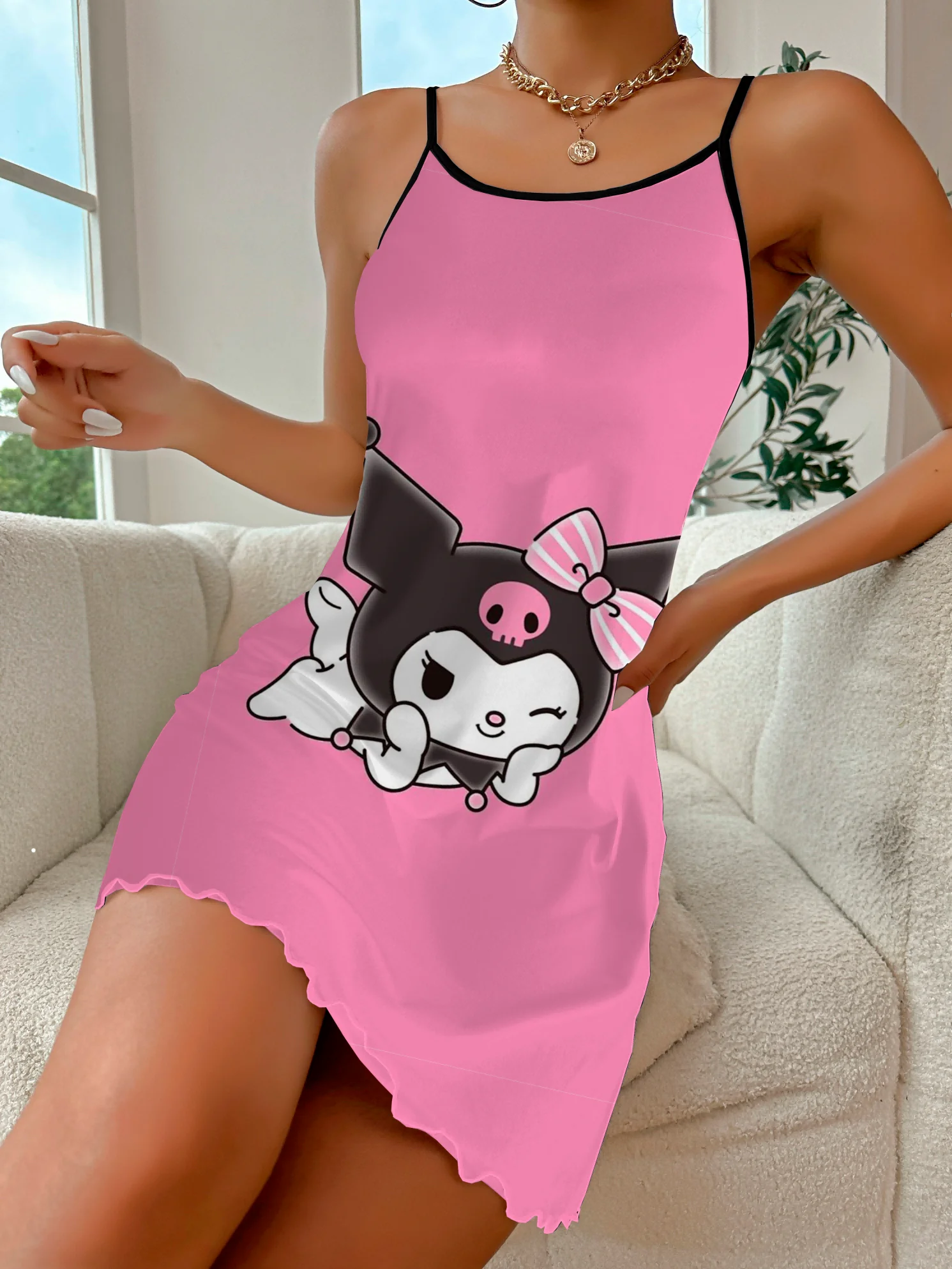 Vestido elegante e chique para mulheres, saia pijama de verão, guarnição de alface, Kuromi Disney, mini guarnição sexy, vestidos para casa, 2024