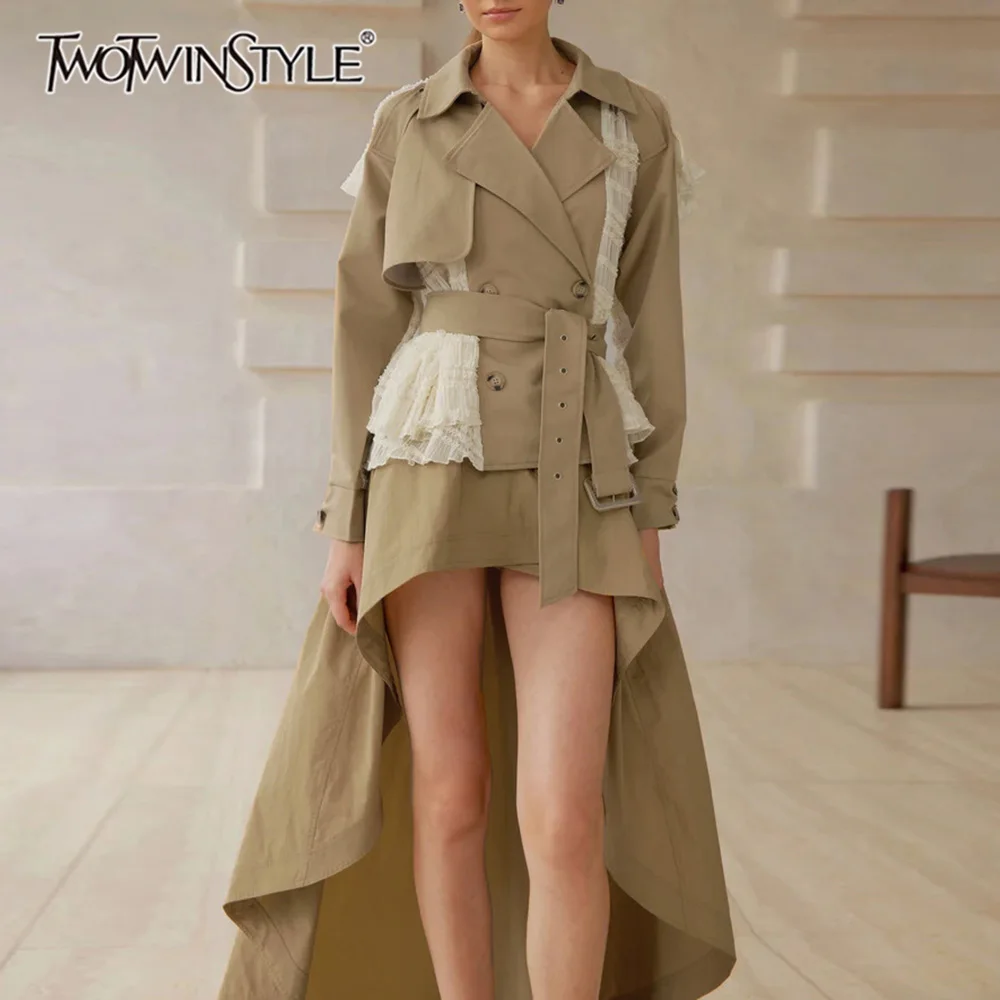 

TWOTWINSTYLE Khakl Spliced Sashes Chic Jacket Female Lapel Long Sleeve Loose Korean Irregular Women's Jackets Autumn Fashion New