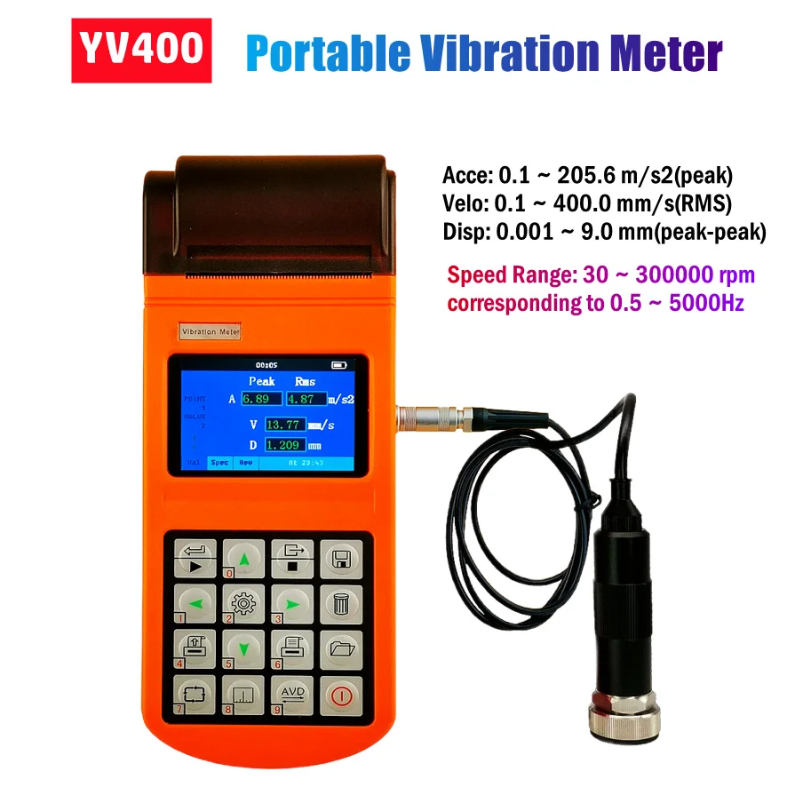 

YV400 Handheld Vibration Meter Mechanical Velocity Displacement Acceleration Measuring Meter 30~30000rpm Rotating Speed Tester