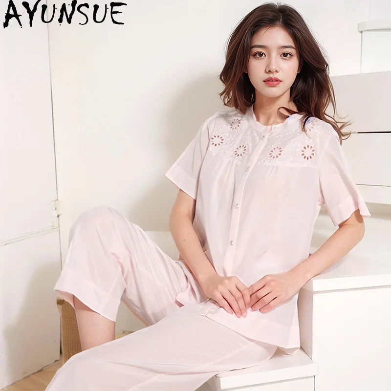AYUNSUE Silk and Cotton Woman Pajama Sets Casual Pajamas for Women Short Sleeve Sleepwear Womens Matching Sets Summer Пижама