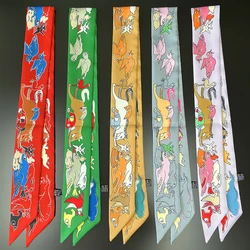 Brand Design Cartoon Animals Twill Silk Scarf Foulard Skinny Bag Scarves Luxury Scarf Women Neckerchief Fashion Hair Headband