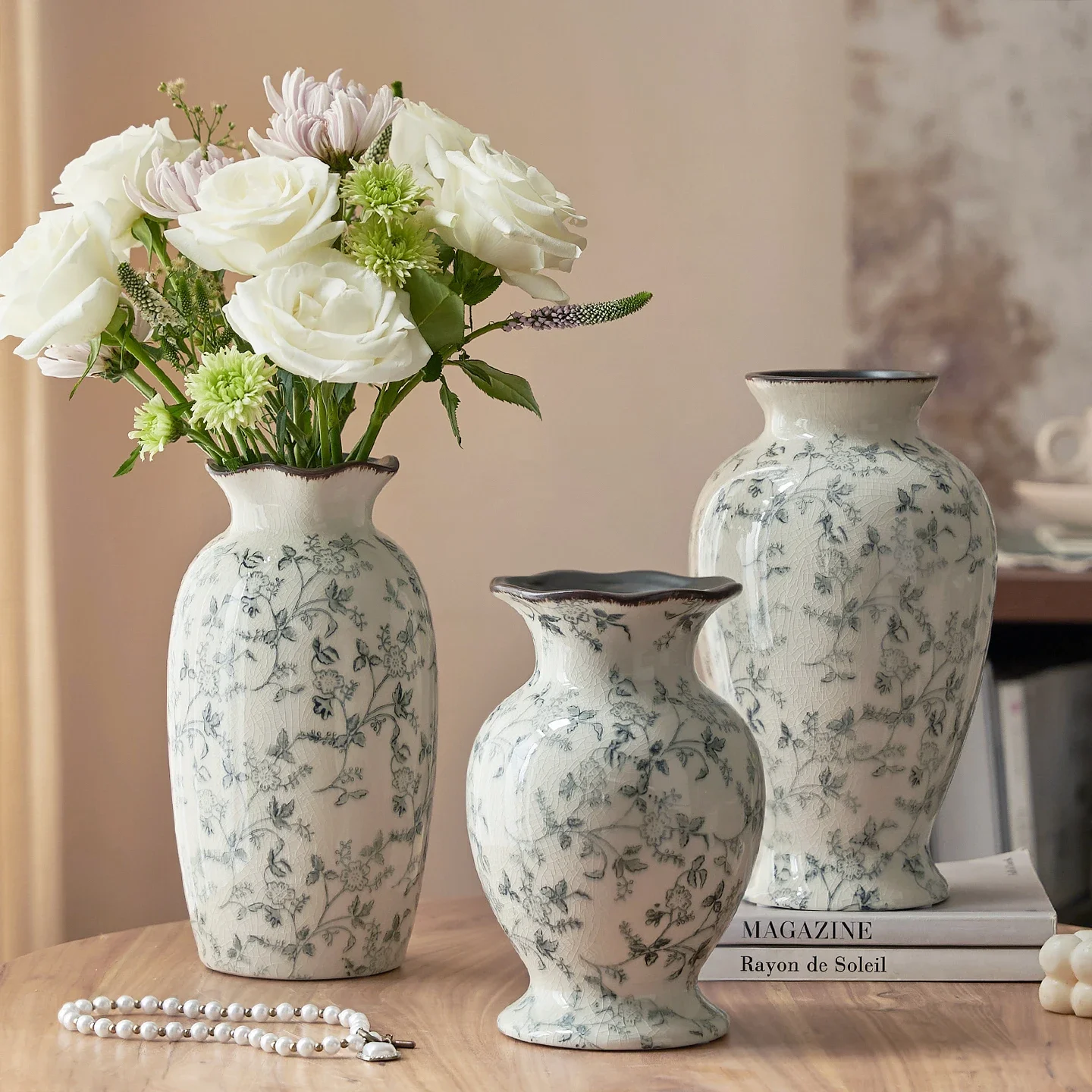 Ink Wash Floral Vase with Crackle Glaze Ceramic Vase Set Vintage Home Decor Table Centerpiece Flower Arrangement Vases Gift