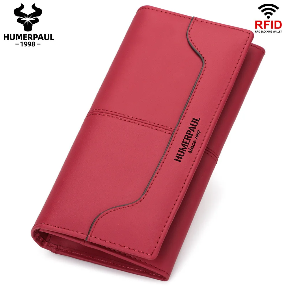 محفظة جلدية طويلة للنساء، طبقة علوية من جلد البقر، محفظة تخزين فضفاضة متعددة الفتحات محمولة باليد RFID ذات سعة كبيرة