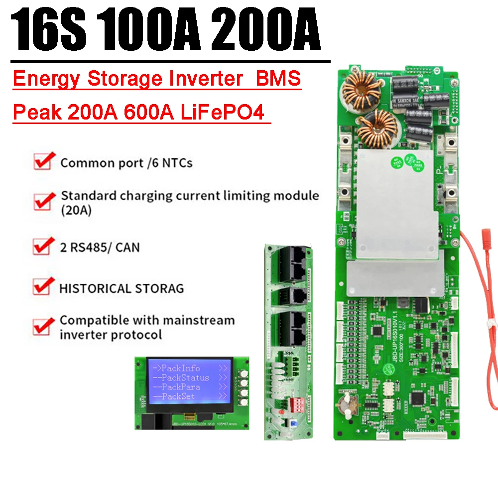 

100A 200A 16S LiFePO4 48V Energy Storage Lithium Battery Protection Board DIY Smart Solar Household BMS Inverter LCD Monitor