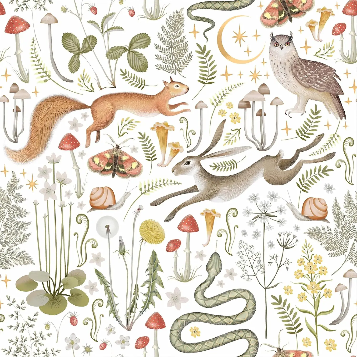 Woodland Animals Peel and Stick Wallpaper Squirrel Rabbit Owl Snake Mushroom Print Waterproof Wallpaper for Nursery Kids Bedroom