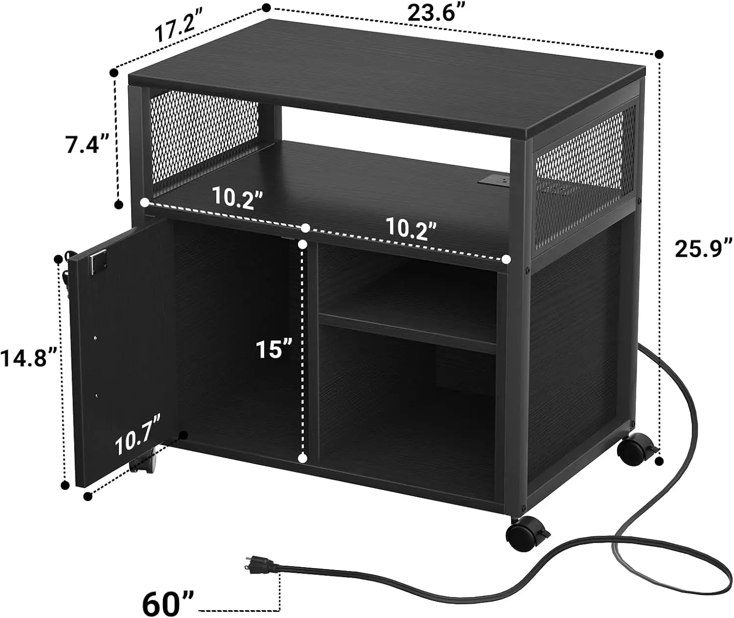 O armário de arquivo lateral, o armário do armazenamento do escritório com soquete e o porto de carregamento do usb, suporte moderno da impressora do rolamento