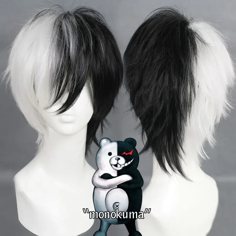 

Anime Game Danganronpa Bla and White Bear Wig Cosplay monokuma synthetic short fluffy hair wig cap