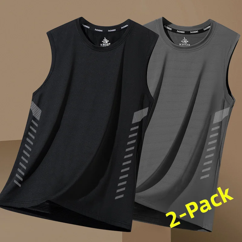 شحن سريع - سترة رجالية من الحرير الجليدي، تصميم عصري برقبة مستديرة، شبكة قابلة للتنفس، تجفيف سريع، بدون أكمام، كتف عريض، مثال...