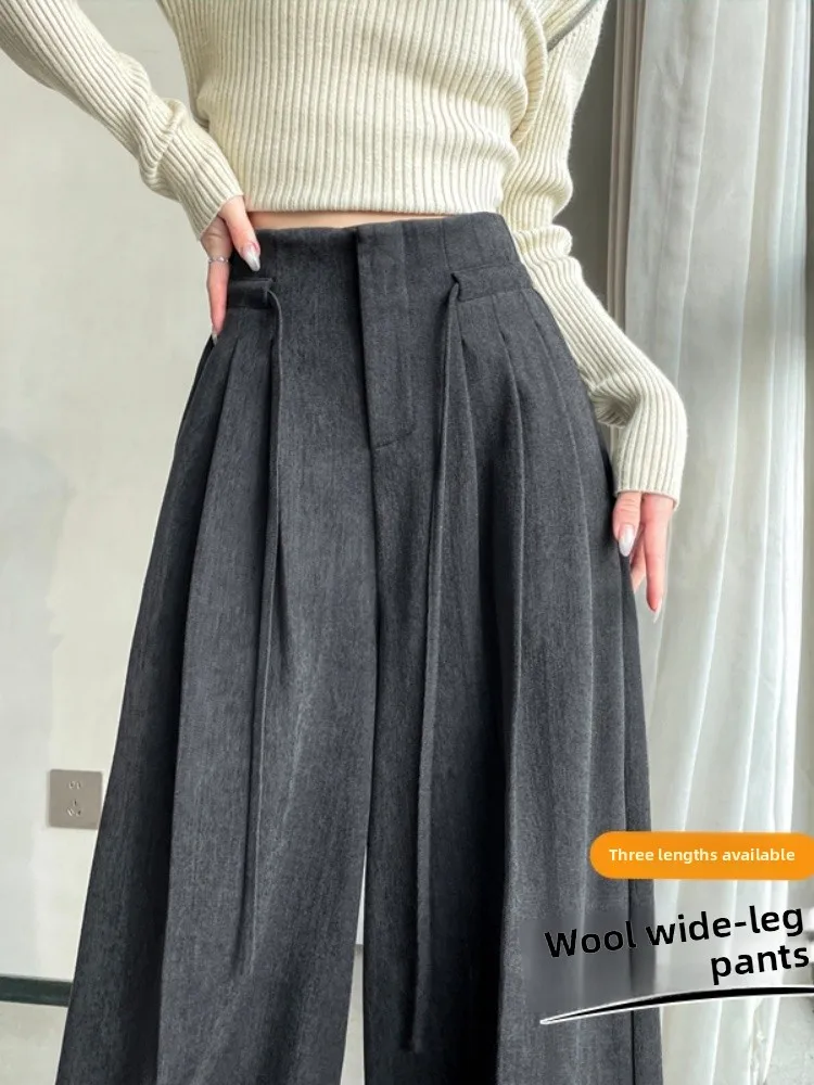 

Deep ey Woolen Wide Leg Pants Women's Spring Autumn New Thiened Fce Lined Straight Floor Length Trousers Commute Sle