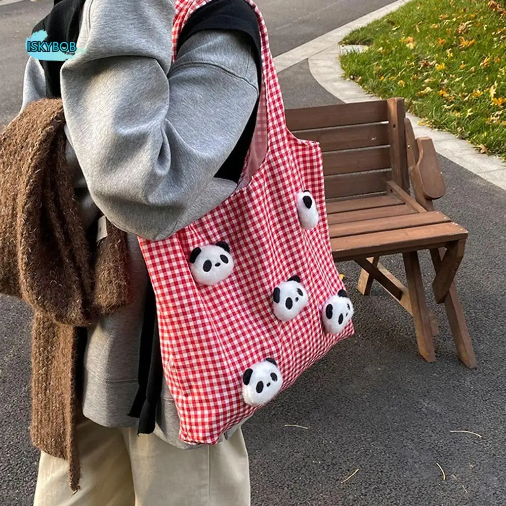 

Casual Vacation Canvas Shopping Bag Panda Doll with Inner Bag Vest Canvas Bag Storage Bag Cartoon Plaid Shoulder Bags Outdoor