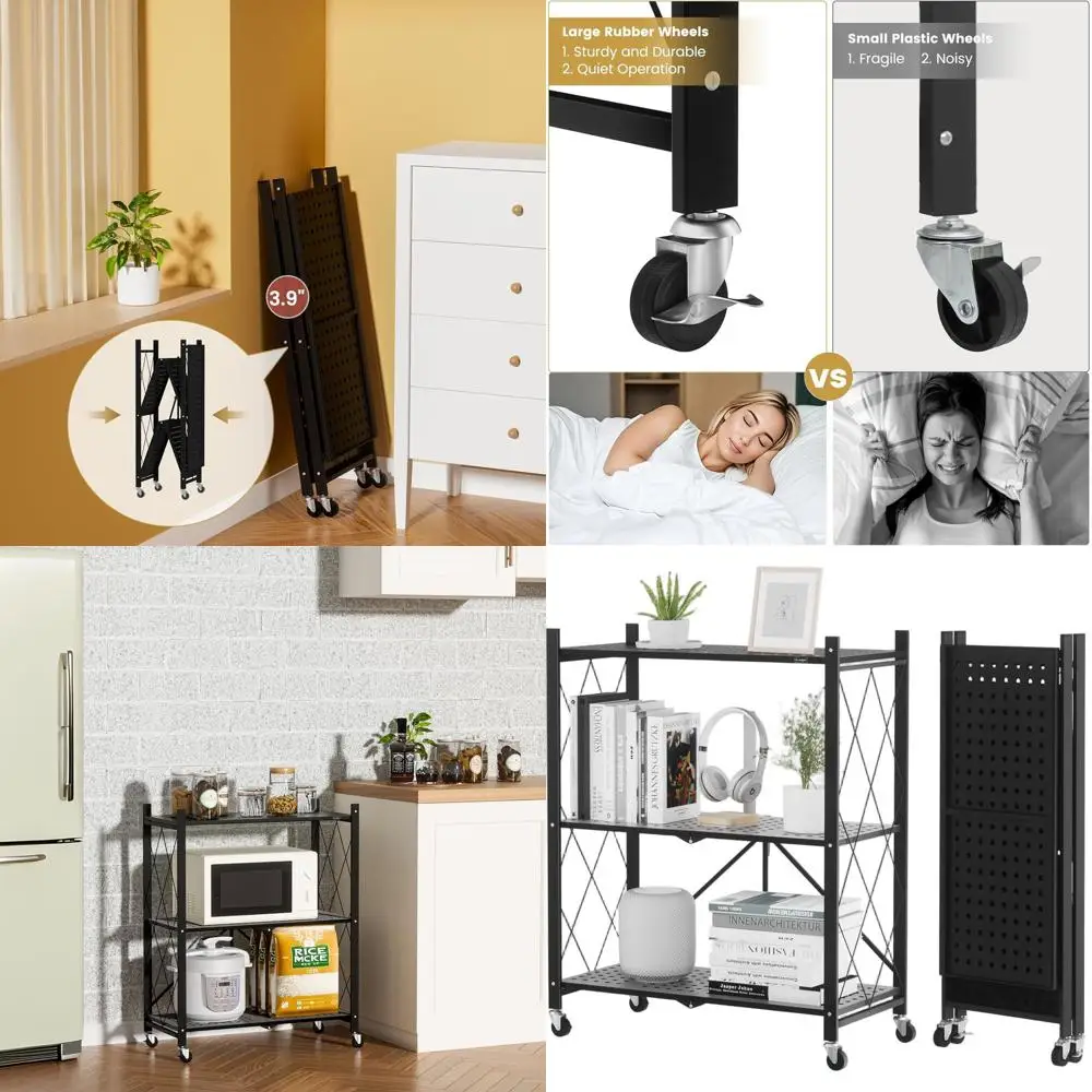 

Мобильная трехъярусная металлическая тележка с полками для хранения, книжным шкафом и колесами для кухни, офиса, стирки и гаража (черная)