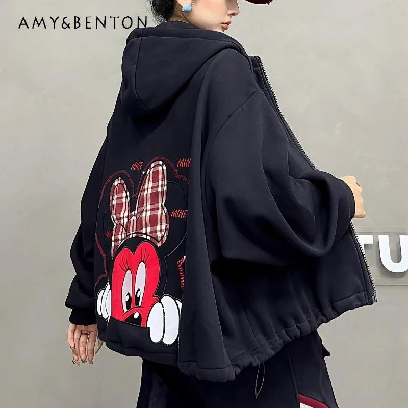 

Fashion Trend American Casual Retro Cartoon Fleece Hoodies New Loose Slimming Top Zipper Cardigan Long-sleeves Sweatshirts Coat
