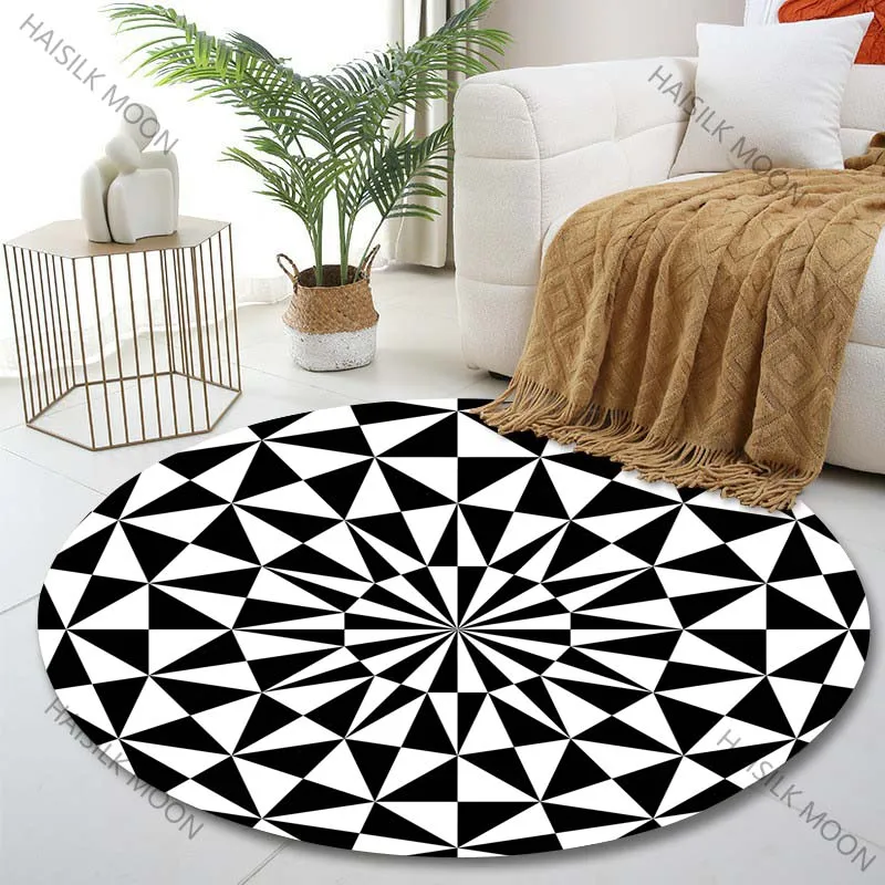 1PC Circular geometric black-and-white pattern Print Round Carpet for Living Room Bedroom Sofa Table Floor Mat Area Rug
