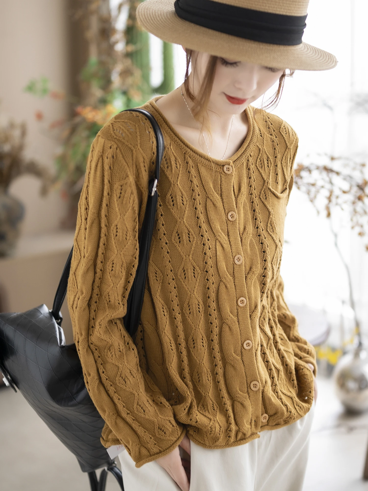 

Весенний новый однотонный женский вязаный кардиган с длинными рукавами, универсальный повседневный топ из хлопка с пуговицами
