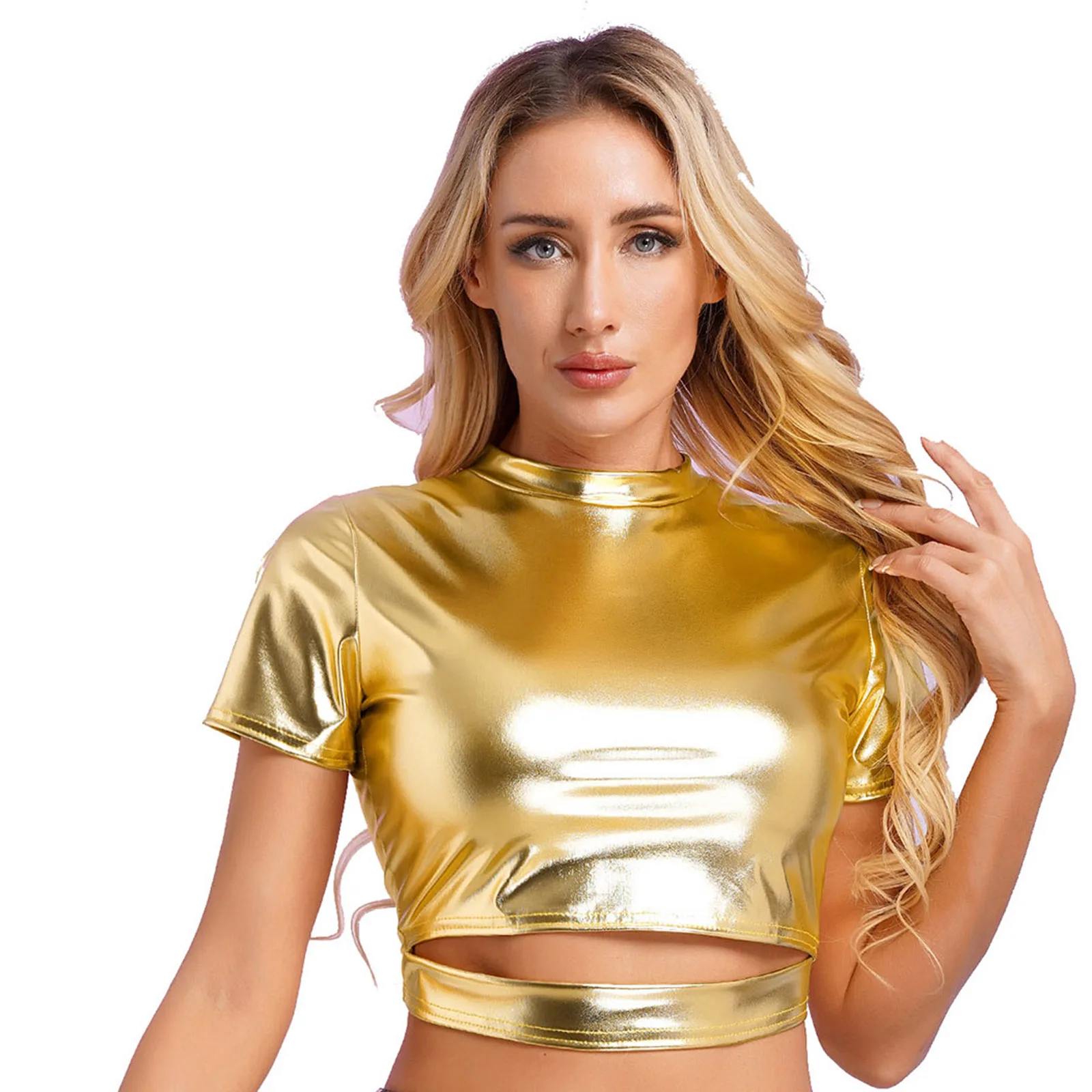 

Womens Clubwear Metallic Shiny Crop Top Mock Neck Short Sleeve Cut out Bodycon Top Fashion Blouse for Jazz Disco Clubwear