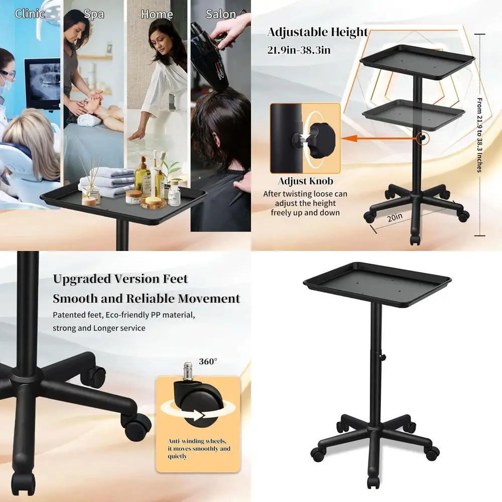 Adjustable Height Rolling Tray, Black Metal Tray for Tattoo, Medical, Dental, and Home Use