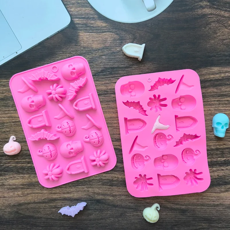 1/3pcs 18 Cavities Halloween Silicone Molds Ghost Pumpkin Bat Skull Witch Hat For DIY Halloween Chocolate Candy Baking Mold