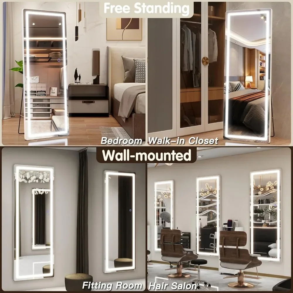 LED Full Body Mirror, Free Standing Lighted, Wall Mounted Hanging Mirror with Lights for Bedroom, Dimmable & 3 Color Lighting