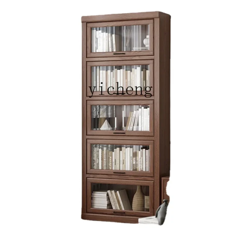 Solid Wood Glass Door Bookcase Dustproof Entire Wall Household Floor-Standing Rack Display Cabinet