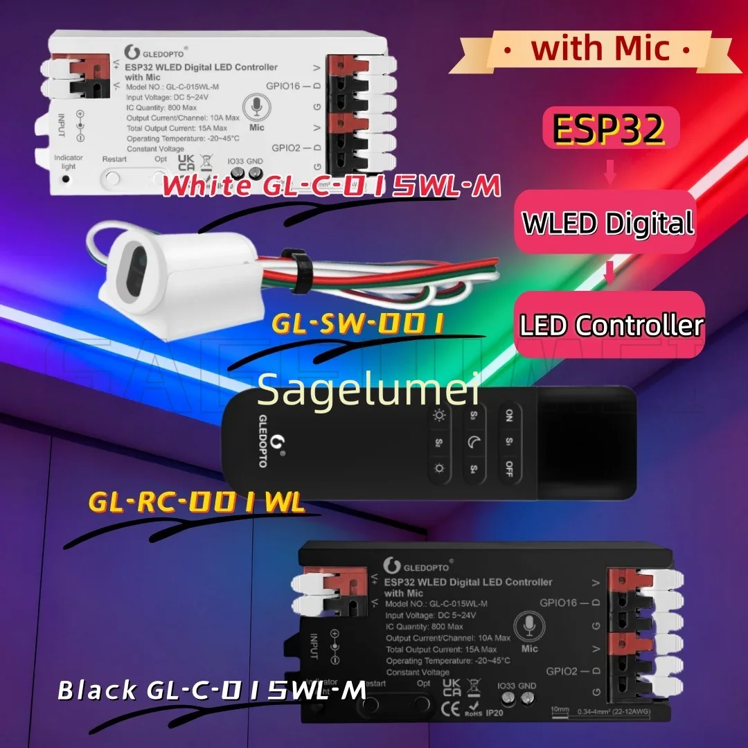 

НОВЫЙ цифровой светодиодный контроллер ESP32 WLED SPI RGB IC для WS2811, WS2812, WS2812b, звук ленты, реактивная музыка GLEDOPTO с микрофоном