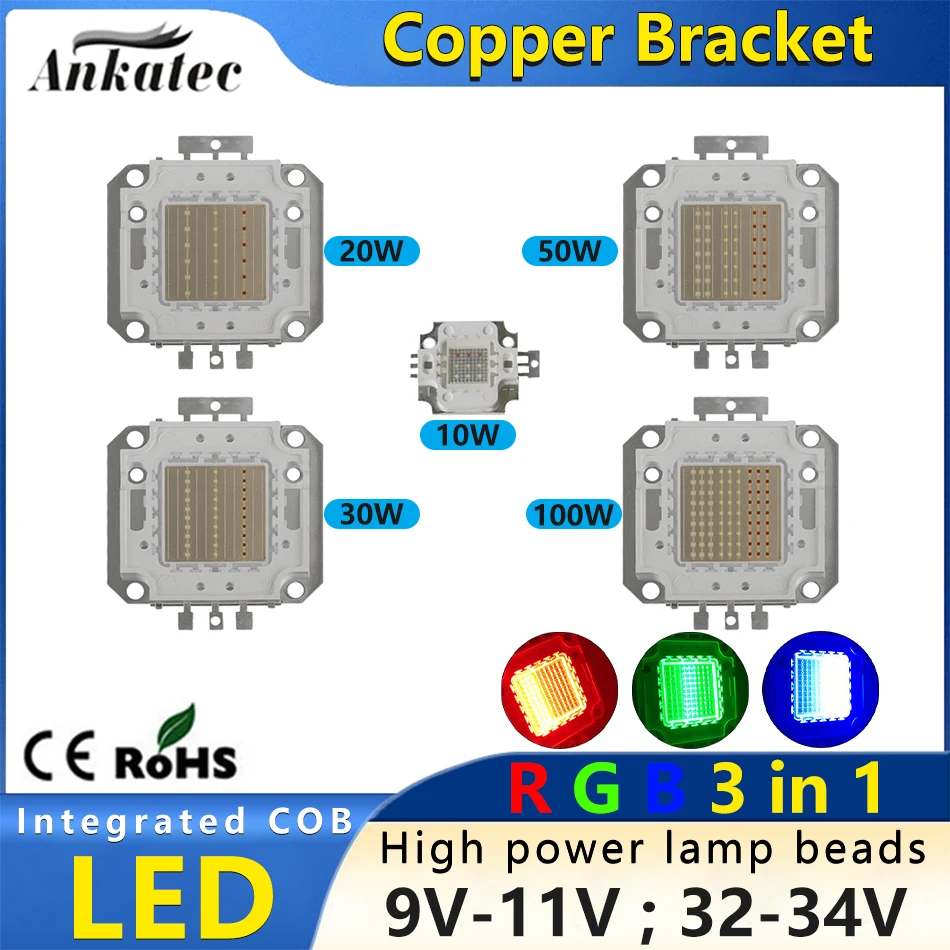 New RGB LED Chip 10W 20W 30W 50W 100W Copper Bracket High Power COB Red Green Blue Light BeadsFor Outdoor Stage Wall Lamp DIY